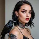 A beautiful woman with a prosthetic eye that glows red, a tattoo of a raven is perched on her shoulder, as if whispering to her, 2025 №16 - фото tatufoto.com