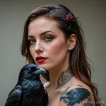 A beautiful woman with a prosthetic eye that glows red, a tattoo of a raven is perched on her shoulder, as if whispering to her, _1 2025 №17 - фото tatufoto.com