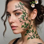 A beautiful woman with a scar running down her face, a delicate tattoo of a vine with flowers grows along the scar, transforming _1 2025 №19 - фото tatufoto.com