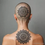 A beautiful woman with a shaved head, a dotwork mandala tattoo covers the back of her scalp, _1 2025 №20 - фото tatufoto.com