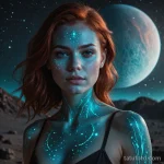 A beautiful woman with bioluminescent freckles on an exoplanet at night, her skin glowing softly, a delicate tattoo of a mythica 2025 №21 - фото tatufoto.com
