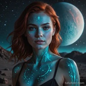 A beautiful woman with bioluminescent freckles on an exoplanet at night, her skin glowing softly, a delicate tattoo of a mythica 2025 №21 - фото tatufoto.com