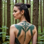 A beautiful woman with elven like pointed ears in a futuristic forest, a linework tattoo of ancient runes on her spine, 2025 №22 - фото tatufoto.com