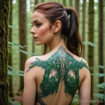 A beautiful woman with elven like pointed ears in a futuristic forest, a linework tattoo of ancient runes on her spine, _1 2025 №23 - фото tatufoto.com