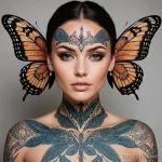 A beautiful woman with her body adorned in tattoos that mimic the patterns of a rare, alien butterfly, 2025 №26 - фото tatufoto.com