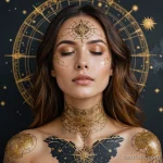 A beautiful woman with her eyes closed, a network of fine, golden tattoos on her face and neck, like a celestial map, 2025 №30 - фото tatufoto.com