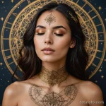 A beautiful woman with her eyes closed, a network of fine, golden tattoos on her face and neck, like a celestial map, _1 2025 №31 - фото tatufoto.com
