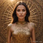 A beautiful woman with her face half covered in golden, geometric patterns, like a priestess of a sun cult, a sunburst tattoo on 2025 №32 - фото tatufoto.com