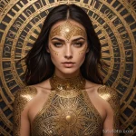 A beautiful woman with her face half covered in golden, geometric patterns, like a priestess of a sun cult, a sunburst tattoo on _1 2025 №33 - фото tatufoto.com