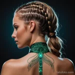 A beautiful woman with her hair braided with fiber optics, a tattoo of a circuit board on the back of her neck seems to be the s _1 2025 №35 - фото tatufoto.com