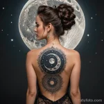 A beautiful woman with her hair in an intricate updo, wearing a backless dress, a tattoo of the phases of the moon runs perfectl 2025 №36 - фото tatufoto.com