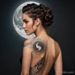 A beautiful woman with her hair in an intricate updo, wearing a backless dress, a tattoo of the phases of the moon runs perfectl _1 2025 №37 - фото tatufoto.com