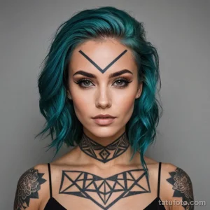 A beautiful woman with her hair like a nebula, a single, perfect geometric shape tattooed on her forehead, 2025 №38 - фото tatufoto.com