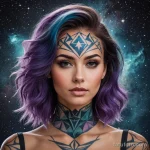 A beautiful woman with her hair like a nebula, a single, perfect geometric shape tattooed on her forehead, _1 2025 №39 - фото tatufoto.com