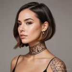 A beautiful woman with her hair styled in a sharp, geometric bob, a minimalist, single line tattoo traces her jawline and neck, 2025 №40 - фото tatufoto.com