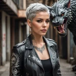 A beautiful woman with short, silver hair, wearing a sleek space biker jacket, a tattoo of a roaring chimera on her neck, 2025 №43 - фото tatufoto.com