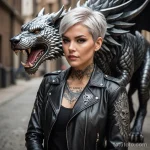 A beautiful woman with short, silver hair, wearing a sleek space biker jacket, a tattoo of a roaring chimera on her neck, _1 2025 №44 - фото tatufoto.com
