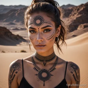 A beautiful woman with tribal futuristic face paint on a desert planet, a dotwork tattoo of the planet's twin suns on her collar 2025 №45 - фото tatufoto.com