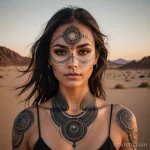A beautiful woman with tribal futuristic face paint on a desert planet, a dotwork tattoo of the planet's twin suns on her collar _1 2025 №46 - фото tatufoto.com