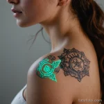 A close up of a tattoo that functions as a user interface, glowing and responding to her touch, 2025 №48 - фото tatufoto.com