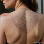 A close up of a woman's shoulder with a scarification style tattoo, but the scars are filled with a glowing, silver inlay, _1 2025 №54 - фото tatufoto.com