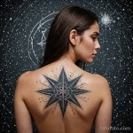 A dotwork tattoo design of a complex star map on a woman's back, with certain stars glowing, indicating a live navigation system _1 2025 №58 - фото tatufoto.com