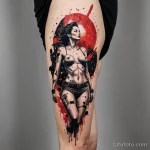 A dynamic tattoo illustration of a woman's torso in zero gravity, her body arched, a hyper detailed trash polka tattoo of a crum 2025 №59 - фото tatufoto.com