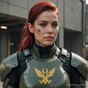 A female soldier in sleek, lightweight power armor, a tattoo of her squad's insignia on her cheek, 2025 №63 - фото tatufoto.com