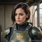 A female soldier in sleek, lightweight power armor, a tattoo of her squad's insignia on her cheek, _1 2025 №64 - фото tatufoto.com