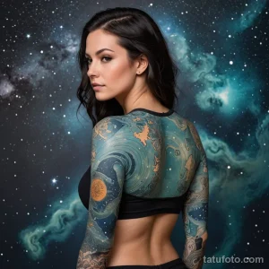 A female star cartographer with a full sleeve tattoo of an ancient, mythological sea map, but with stars and nebulae instead of _1 2025 №65 - фото tatufoto.com
