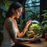 A female xenobotanist gently touching a glowing alien plant, a photorealistic tattoo of a terrarium with earthly flowers on her _1 2025 №66 - фото tatufoto.com