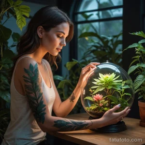 A female xenobotanist gently touching a glowing alien plant, a photorealistic tattoo of a terrarium with earthly flowers on her _1 2025 №66 - фото tatufoto.com