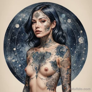 A final, epic illustration of a woman whose entire body is covered in a single, continuous tattoo that tells the entire history 2025 №67 - фото tatufoto.com