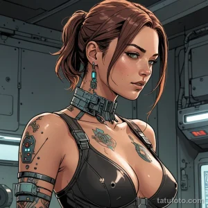 A graphic novel panel of a scavenger finding a broken android, she reactivates it by touching her own circuit tattoo to a port o 2025 №69 - фото tatufoto.com