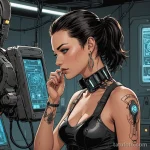 A graphic novel panel of a scavenger finding a broken android, she reactivates it by touching her own circuit tattoo to a port o _1 2025 №70 - фото tatufoto.com