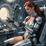 A graphic novel style illustration of a female astronaut getting a tattoo in zero g by a robotic arm, the эскиз is a holograph _1 2025 №71 - фото tatufoto.com