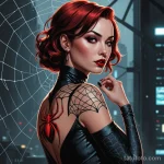 A graphic novel style illustration of a femme fatale in a futuristic noir setting, a tattoo of a spiderweb with a single, red sp _1 2025 №73 - фото tatufoto.com