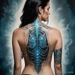 A graphic novel style illustration of a woman's back, a biomechanical tattoo shows her skin peeling away to reveal a glowing pow 2025 №74 - фото tatufoto.com