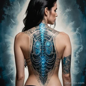 A graphic novel style illustration of a woman's back, a biomechanical tattoo shows her skin peeling away to reveal a glowing pow 2025 №74 - фото tatufoto.com
