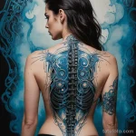 A graphic novel style illustration of a woman's back, a biomechanical tattoo shows her skin peeling away to reveal a glowing pow _1 2025 №75 - фото tatufoto.com