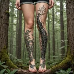 A graphic novel style illustration of a woman's legs, one leg has a photorealistic tattoo of a serene forest, the other has a bi 2025 №76 - фото tatufoto.com