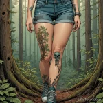 A graphic novel style illustration of a woman's legs, one leg has a photorealistic tattoo of a serene forest, the other has a bi _1 2025 №77 - фото tatufoto.com