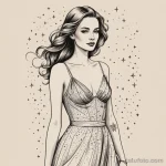 A linework illustration of a woman in an elegant, flowing gown, a subtle tattoo of a constellation is visible on her décolletage 2025 №80 - фото tatufoto.com