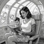 A linework illustration of a woman whose tattoos are a storybook, and she is reading them to a child in a spaceship nursery, 2025 №81 - фото tatufoto.com