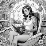 A linework illustration of a woman whose tattoos are a storybook, and she is reading them to a child in a spaceship nursery, _1 2025 №82 - фото tatufoto.com