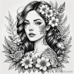 A linework illustration of a woman with a beautiful floral tattoo, but some flowers are robotic, with camera lenses for pistils, 2025 №83 - фото tatufoto.com