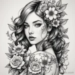 A linework illustration of a woman with a beautiful floral tattoo, but some flowers are robotic, with camera lenses for pistils, _1 2025 №84 - фото tatufoto.com