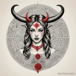 A linework illustration of a woman's tattoo that is a labyrinth, a tiny minotaur is tattooed in the center, and a single thread 2025 №85 - фото tatufoto.com