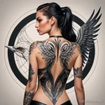 A neo traditional tattoo illustration of a woman in a high fashion, futuristic outfit, with a single, elegant blackwork tattoo o 2025 №92 - фото tatufoto.com