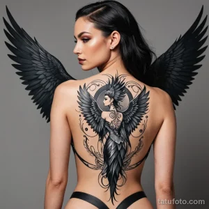 A neo traditional tattoo illustration of a woman in a high fashion, futuristic outfit, with a single, elegant blackwork tattoo o _1 2025 №93 - фото tatufoto.com